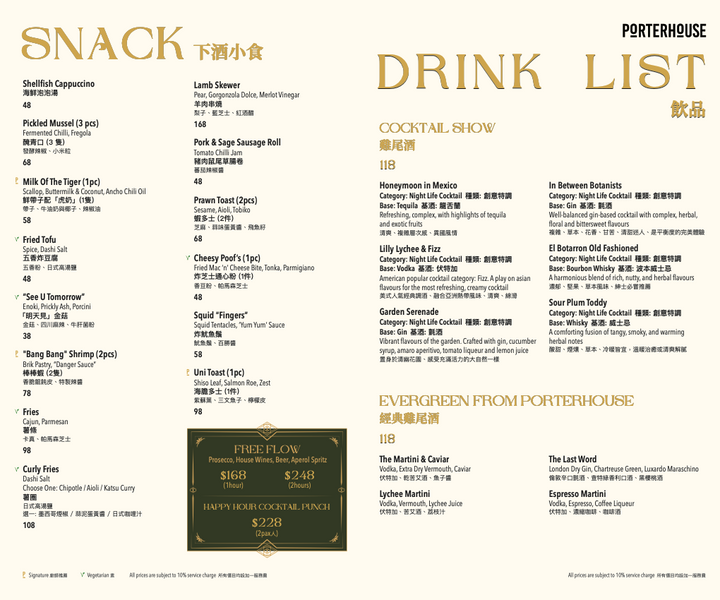 Porterhouse Drinks List