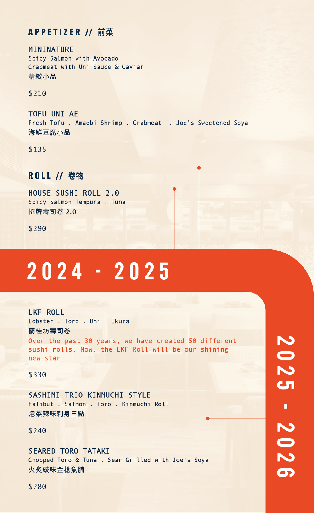 Tokio Joe 30th Anniversary A La Carte Menu